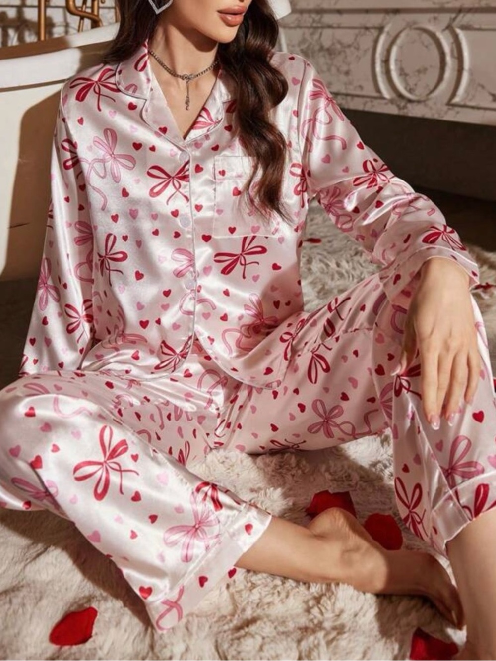 SHEIN Pink Satin Heart & Bow Pajama Set